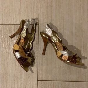 Beverly Feldman gold and silver leaf heels